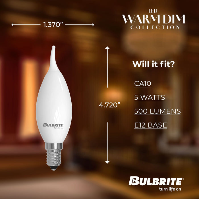 Warm Dims CA10 5W Dimmable Milky Filament LED Light Bulb with E12 Base, 3000K-1800K, 500 Lumens, 4-Pack