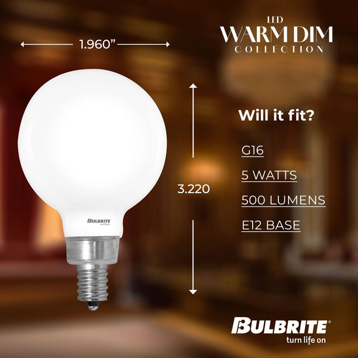 Warm Dims G16 5W Dimmable Milky Filament LED Light Bulb with E12 Base, 3000K-1800K, 500 Lumens, 4-Pack