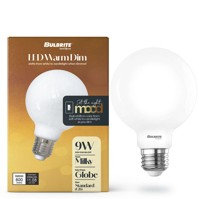 Warm Dims G25 9W Dimmable Milky Filament LED Light Bulb with E26 Base, 3000K-1800K, 800 Lumens, 2-Pack
