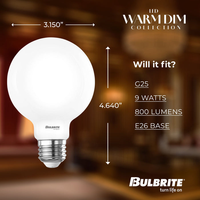 Warm Dims G25 9W Dimmable Milky Filament LED Light Bulb with E26 Base, 3000K-1800K, 800 Lumens, 2-Pack