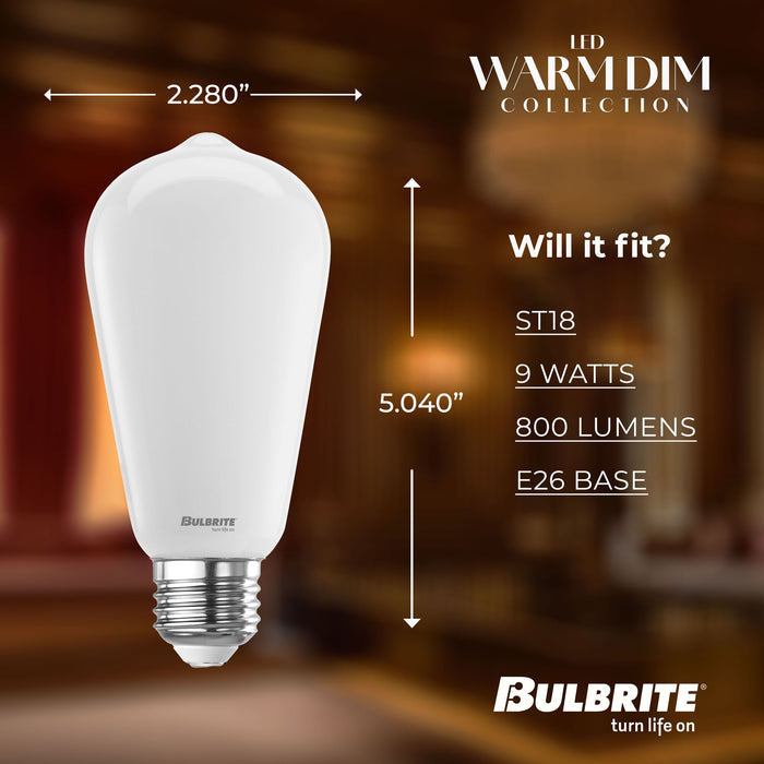 Warm Dims ST18 9W Dimmable Milky Filament LED Light Bulb with E26 Base, 3000K-1800K, 800 Lumens, 2-Pack